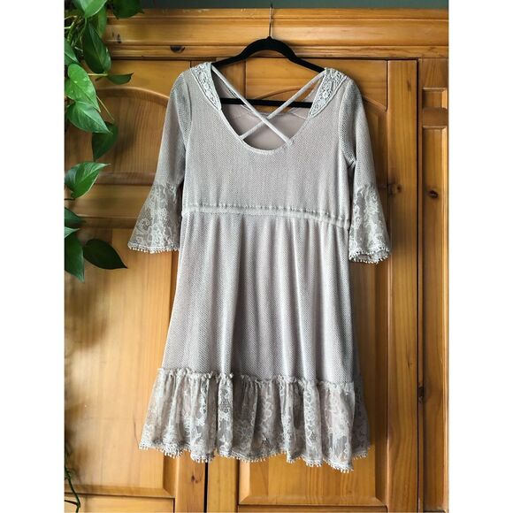 Altar’d State Dress Crochet Lace Taupe Peasant Boho Size S - Picture 7 of 11